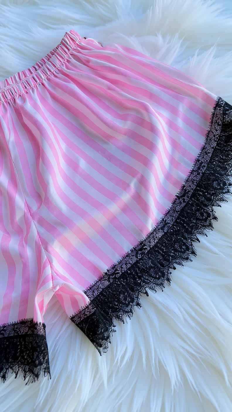 Nightsuit 155 -Striped Satin Nightwear Set with Elegant Lace Detail Erotica