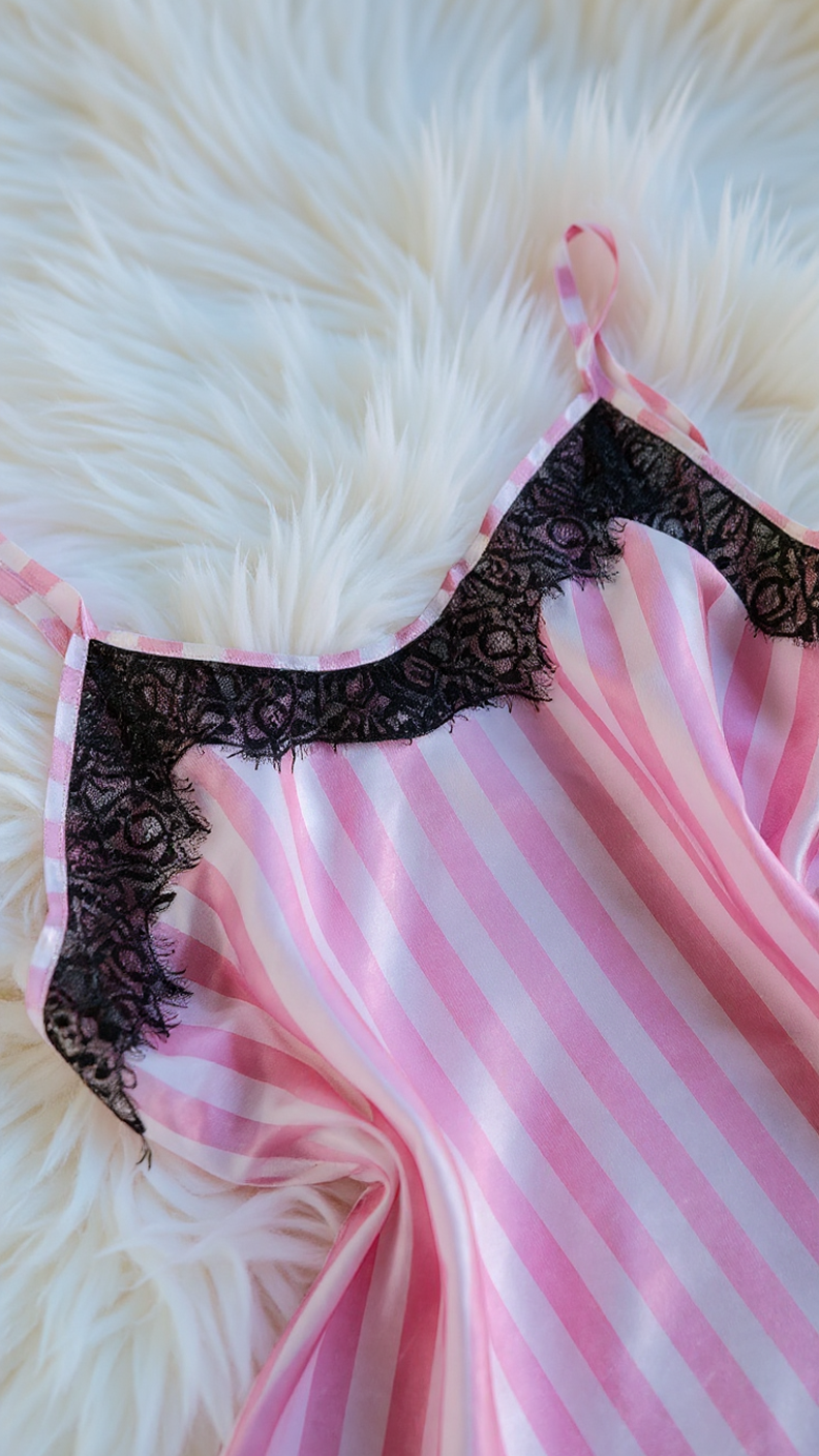 Nightsuit 155 -Striped Satin Nightwear Set with Elegant Lace Detail Erotica