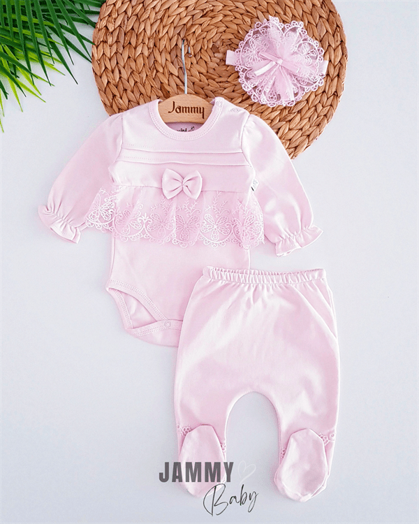 Ensemble Bébé 3 Pièces avec Dentelle et Bandeau – Collection Marliana