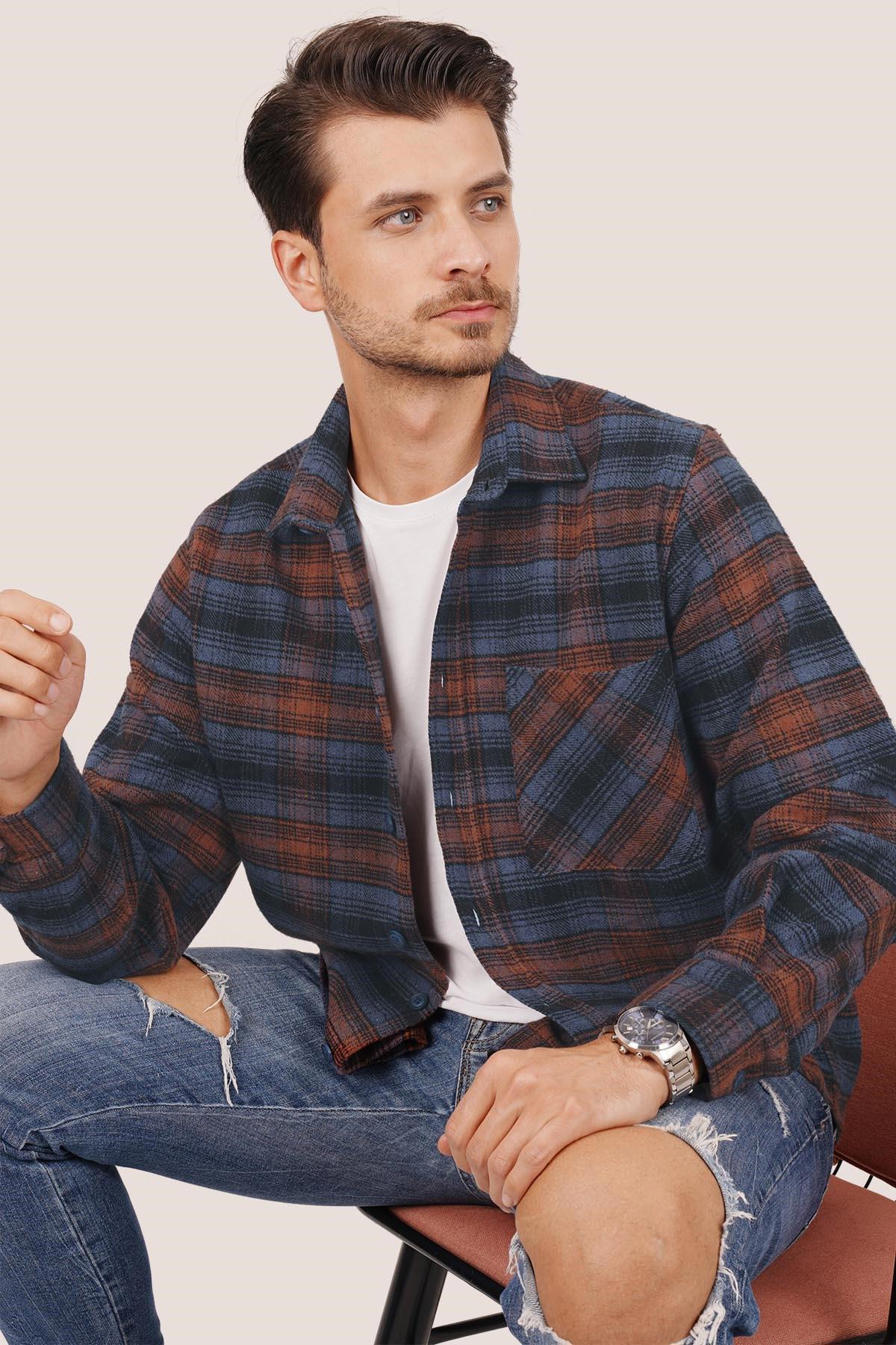 Mavi Turuncu Geçişli Kalın Oversize Hediye Kutulu Gömlek - 20354 - Justyol