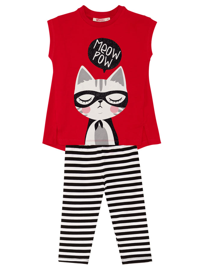 Ensemble Fille 2 Pièces Tunique et Legging Imprimé Chat – Rouge et Noir