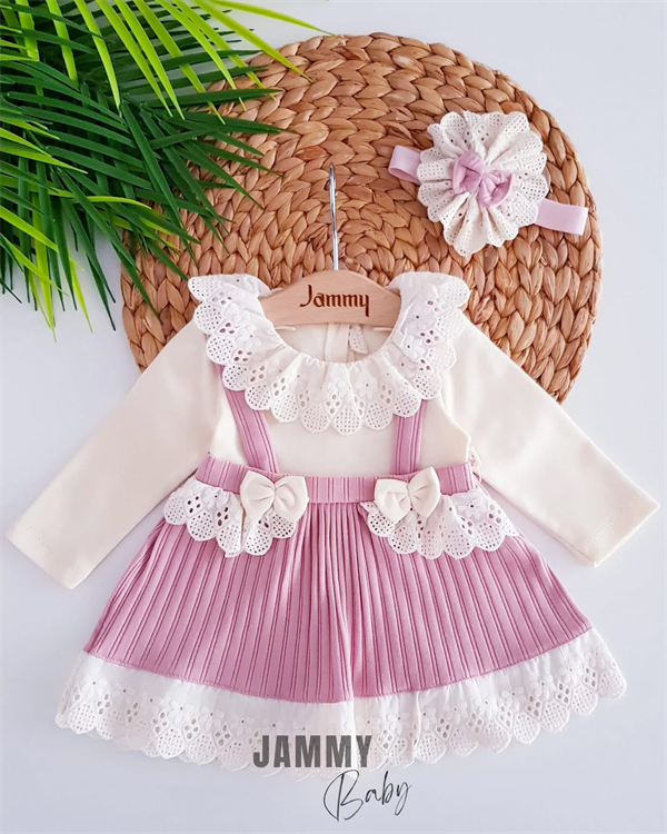 Robe bébé en maille côtelée avec détails dentelle et bandeau assorti