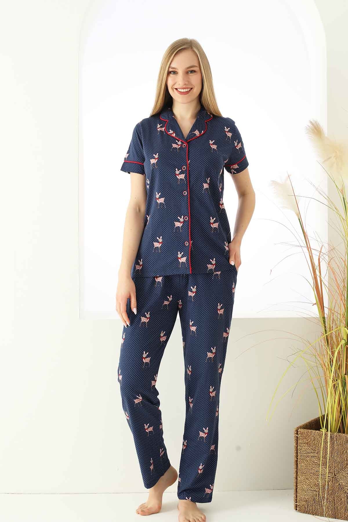 <tc>Ensemble de pyjama en coton avec bords, chemise à manches courtes à motif de cerf, Dreamy.</tc>