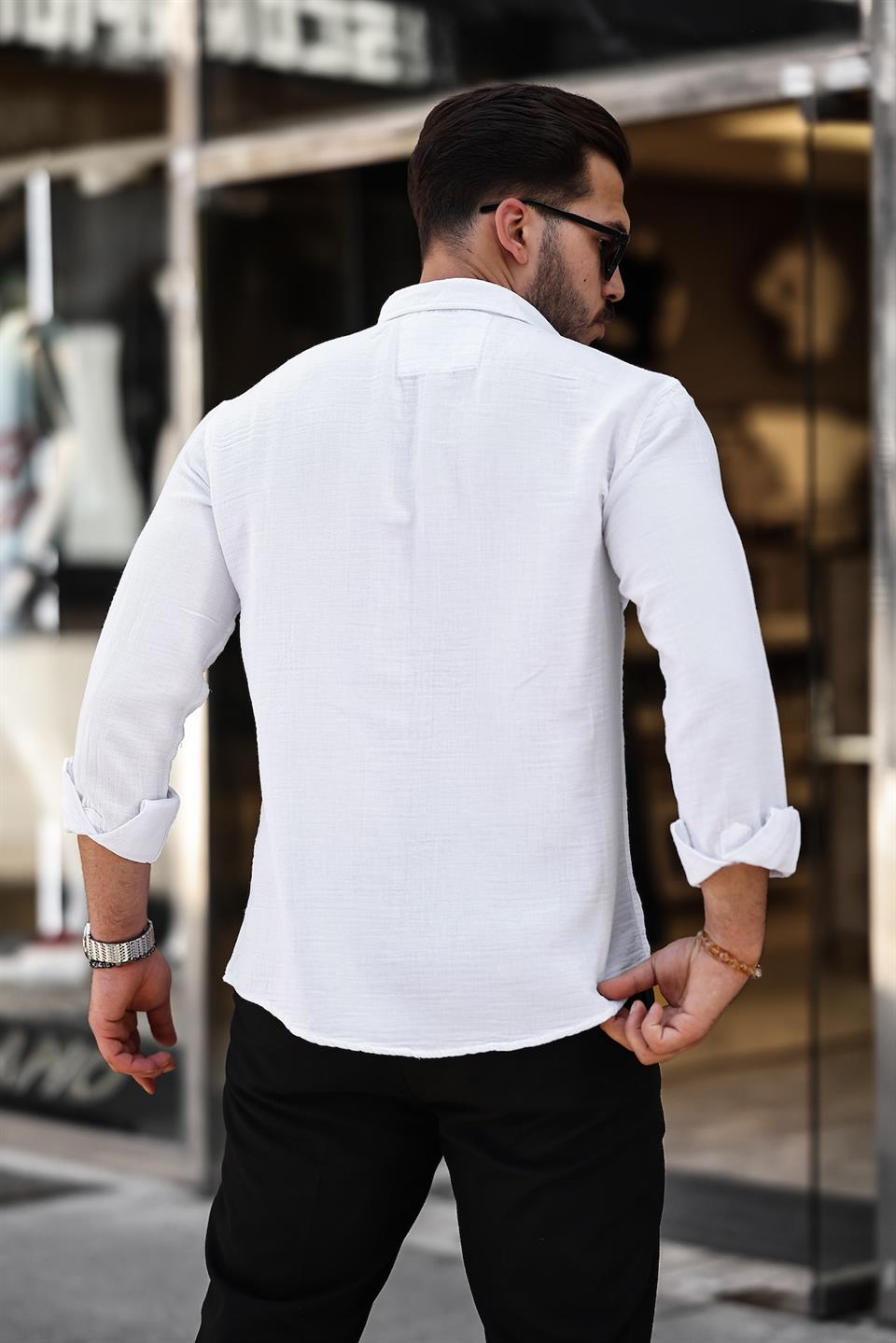 nefes alabilir müslin kumaş uzun kol yakali erkek gömlek - Justyol