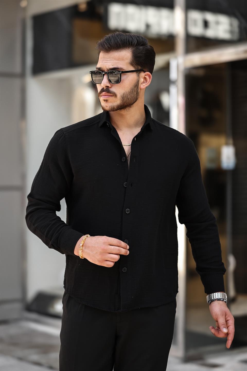 nefes alabilir müslin kumaş uzun kol yakali erkek gömlek - Justyol