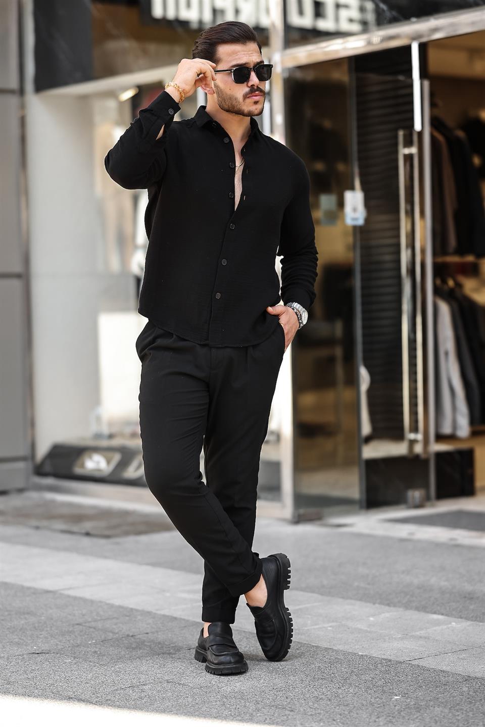 nefes alabilir müslin kumaş uzun kol yakali erkek gömlek - Justyol