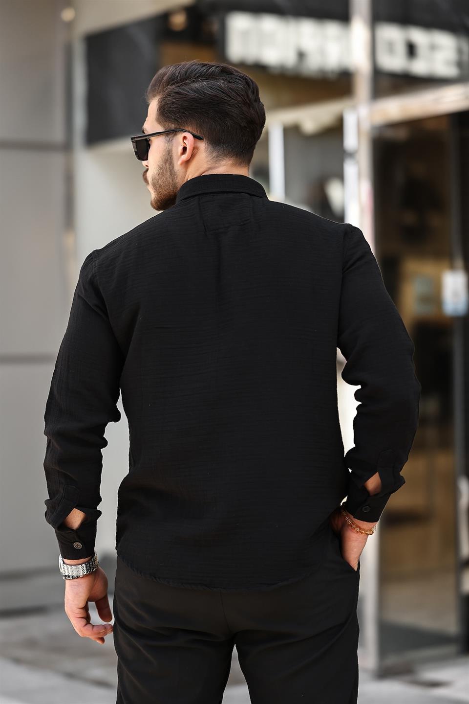 nefes alabilir müslin kumaş uzun kol yakali erkek gömlek - Justyol