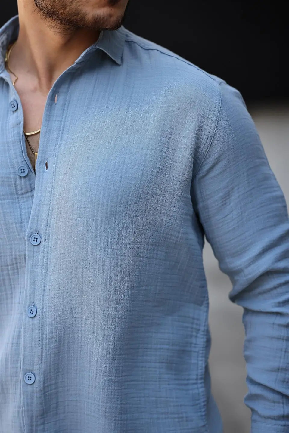 nefes alabilir yarim oversize müslin kumaş uzun kol yakali erkek gömlek - Justyol