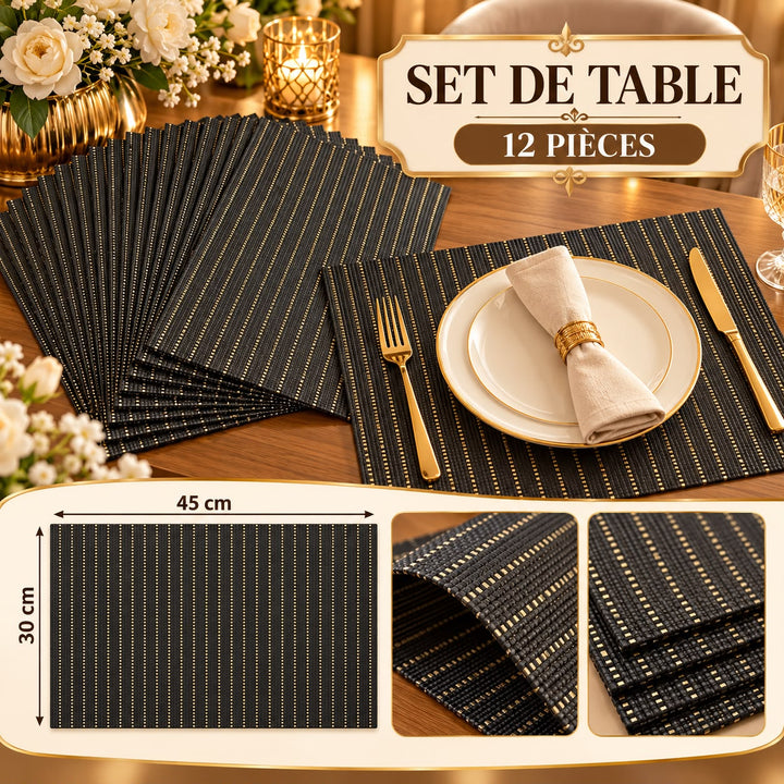 طقم 12 مفرش طاولة فردي باللون الأسود – 45 × 30 سم
