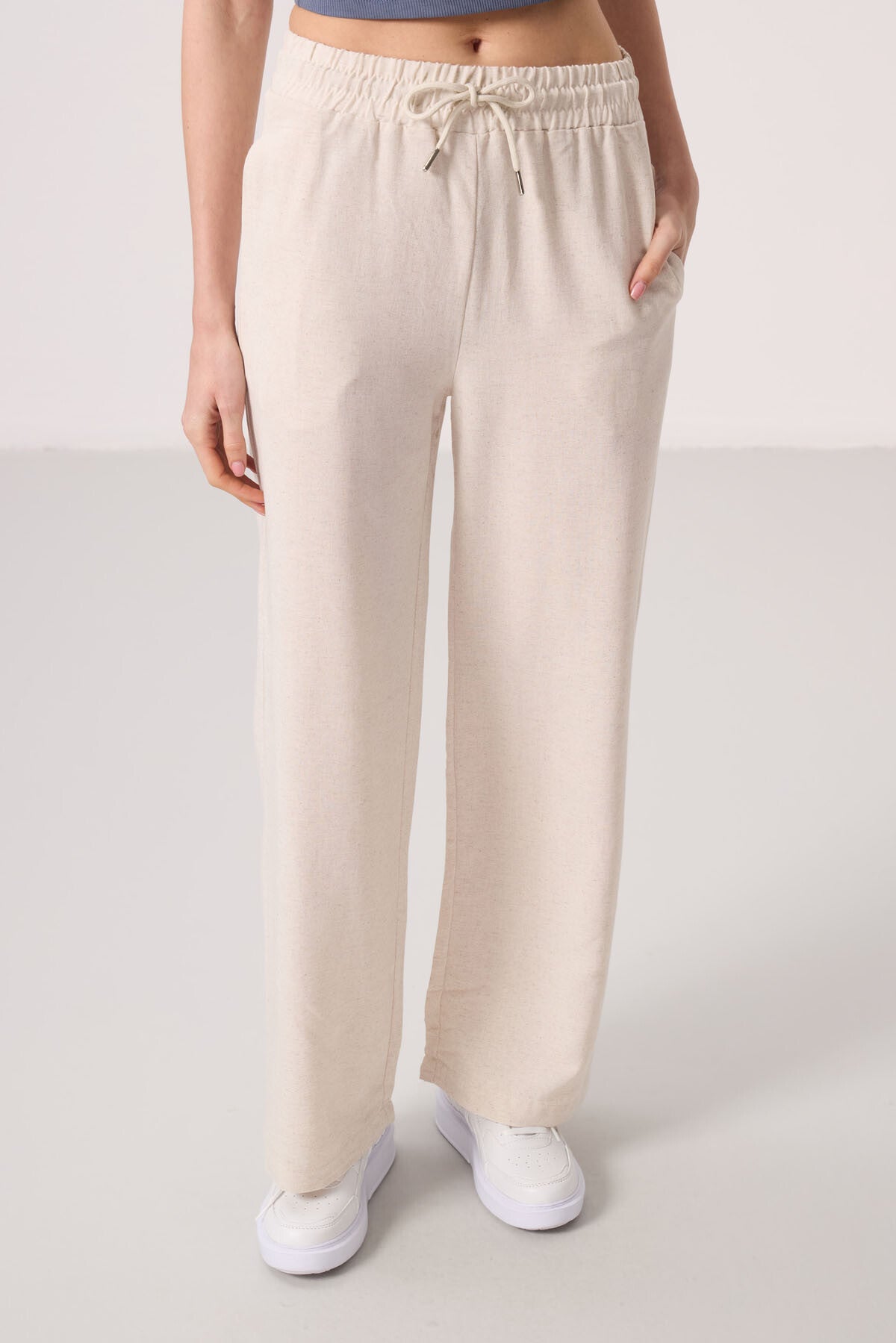 <tc>Pantalon palazzo femme en lin beige, jambes larges, coupe confortable - 94675</tc>