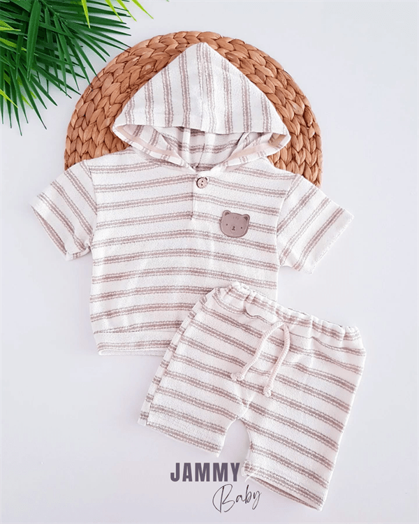 Ensemble Bébé à Rayures avec Capuche et Application Ourson