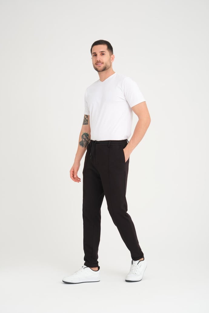 Nervürlü Regular Kalıp Duble Paça Örme Pantolon - Justyol