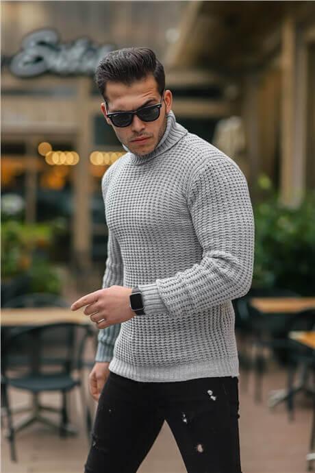 Pull homme col roulé côtelé coupe ajustée-26764 - Justyol
