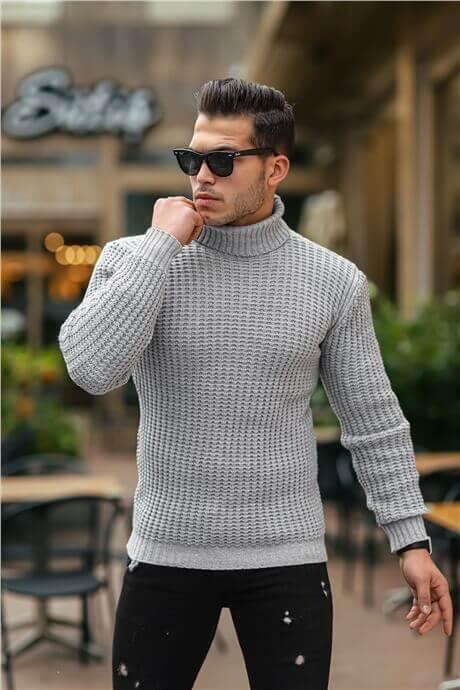 Pull homme col roulé côtelé coupe ajustée-26764 - Justyol