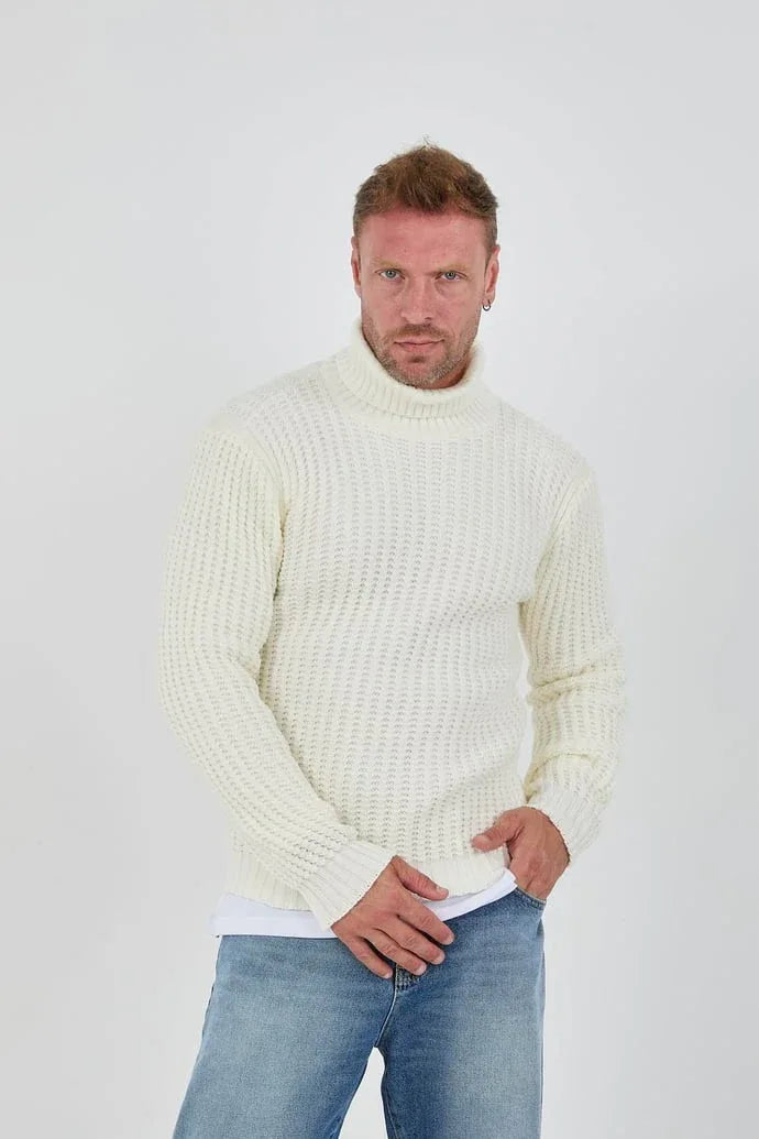 Pull homme col roulé côtelé coupe ajustée-26764 - Justyol