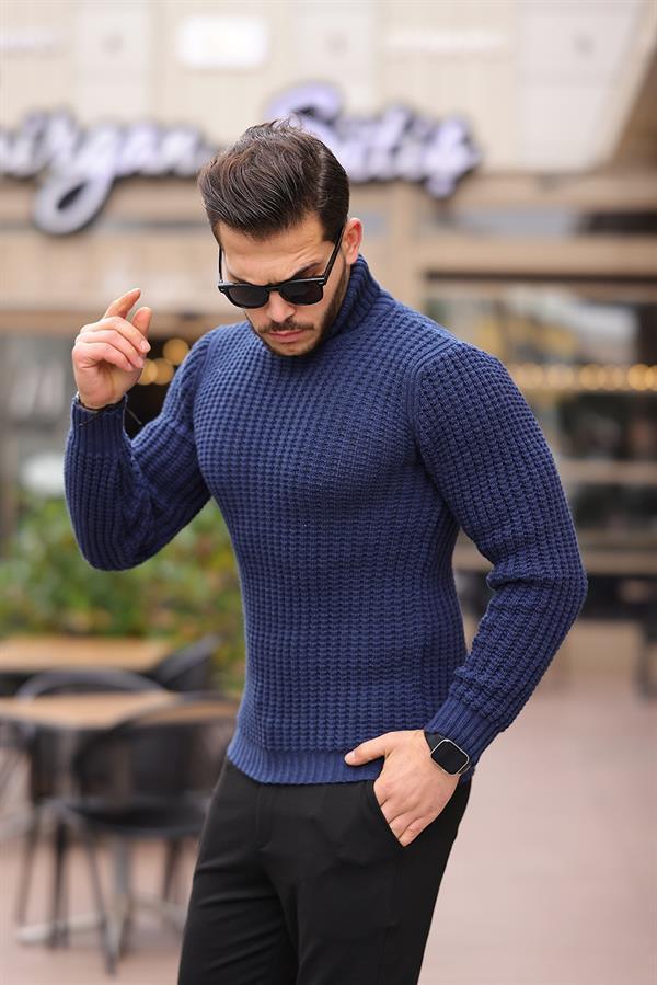 Pull homme col roulé côtelé coupe ajustée-26764 - Justyol