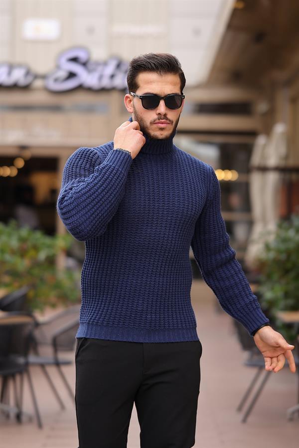 Pull homme col roulé côtelé coupe ajustée-26764 - Justyol