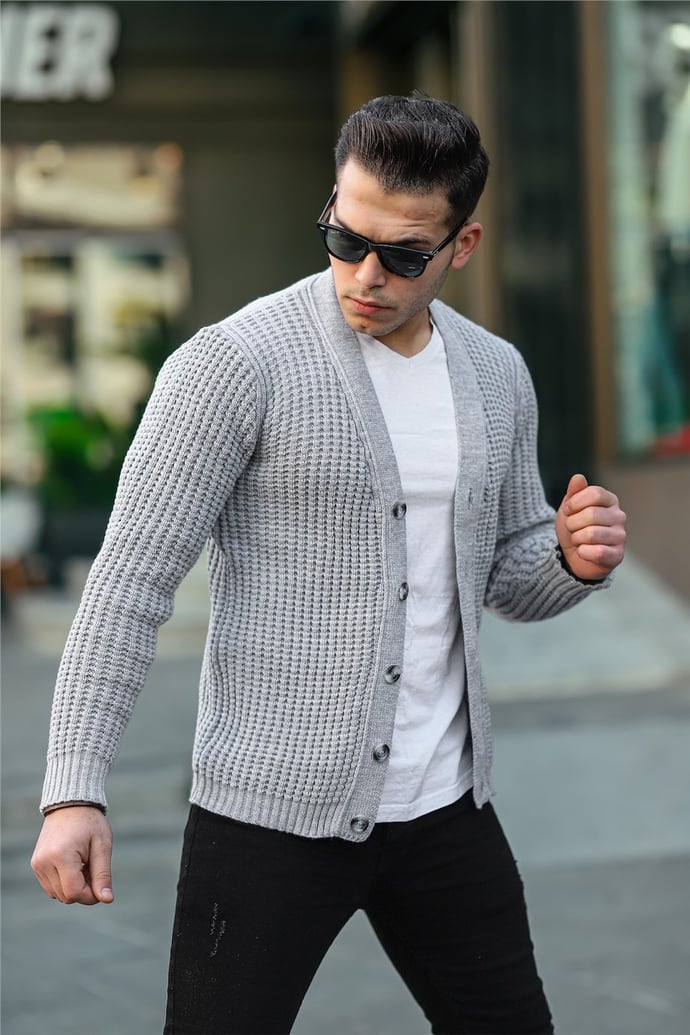 Nopenli Fitil Örgü Düğmeli Hırka - Füme - Justyol