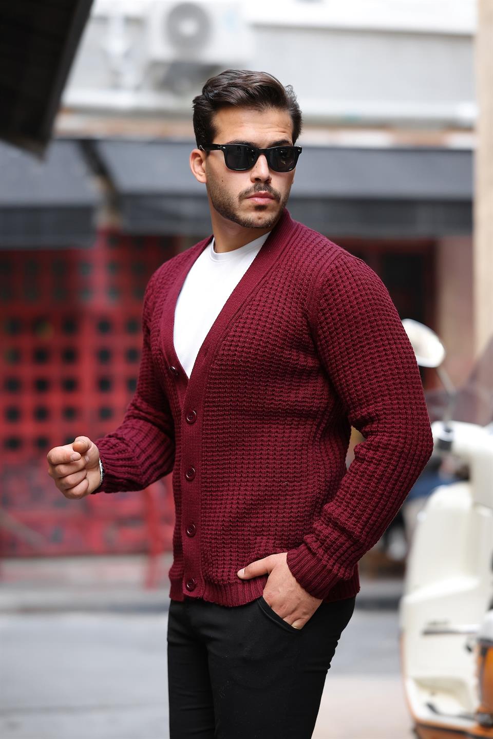 Nopenli Fitil Örgü Düğmeli Hırka - Füme - Justyol