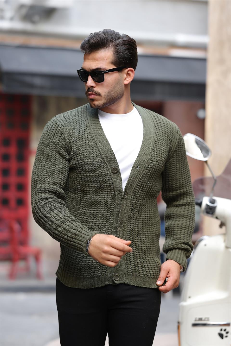 Nopenli Fitil Örgü Düğmeli Hırka - Füme - Justyol