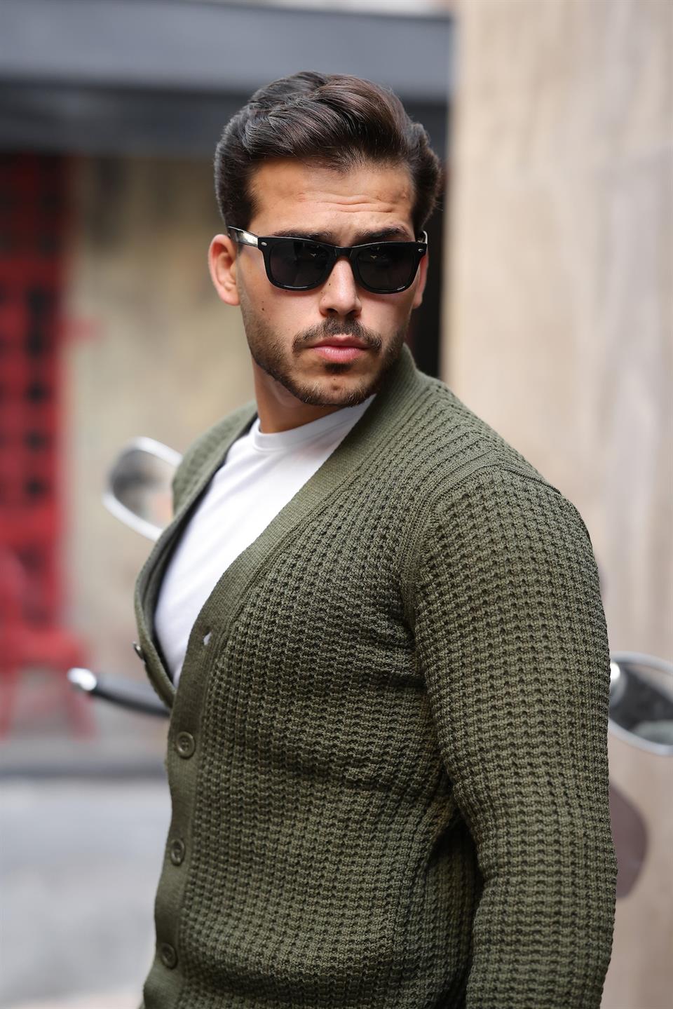 Nopenli Fitil Örgü Düğmeli Hırka - Füme - Justyol