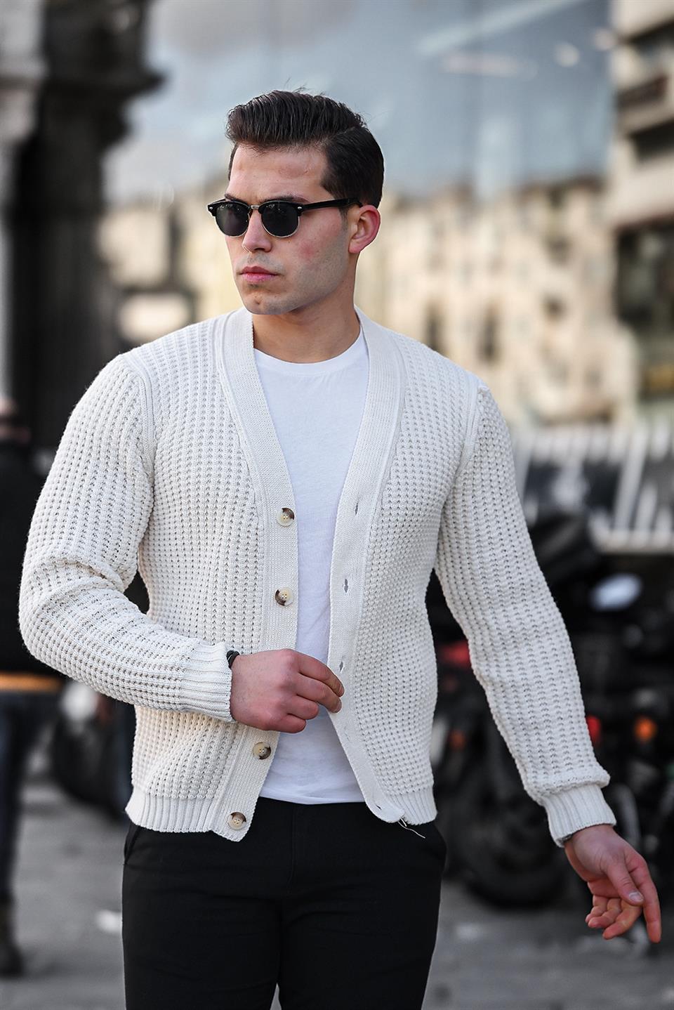 Nopenli Fitil Örgü Düğmeli Hırka - Füme - Justyol