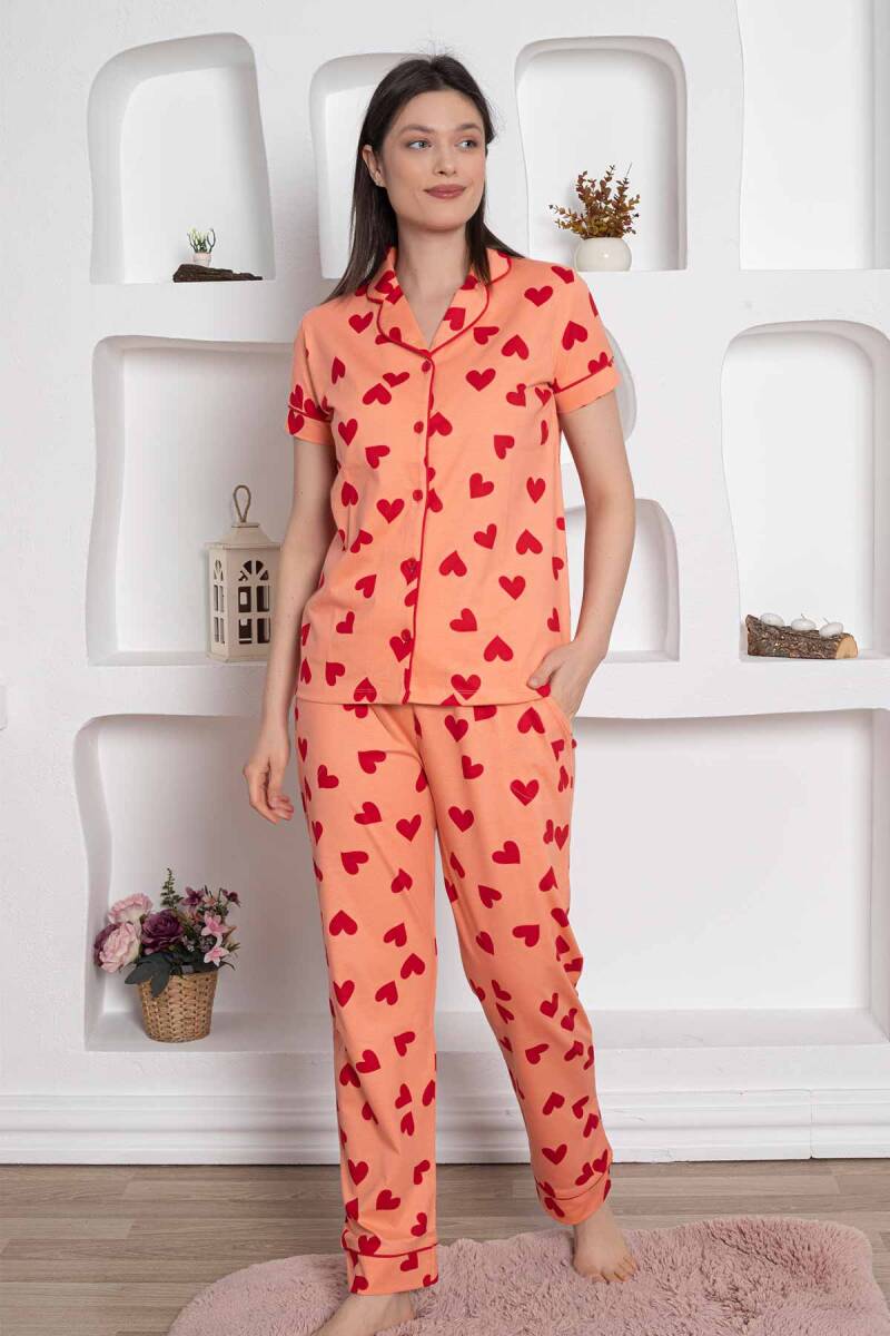 <tc>Dreamy ensemble de pyjama en coton avec bordure, motif cœur, manches courtes et chemise à poches.</tc>