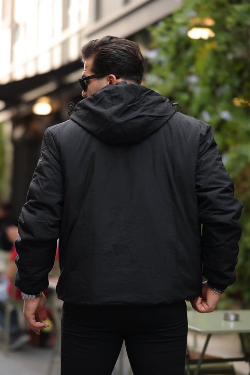Oversize Cep Detaylı Kapüşonlu Hafif Şişme Mont - Siyah - Justyol