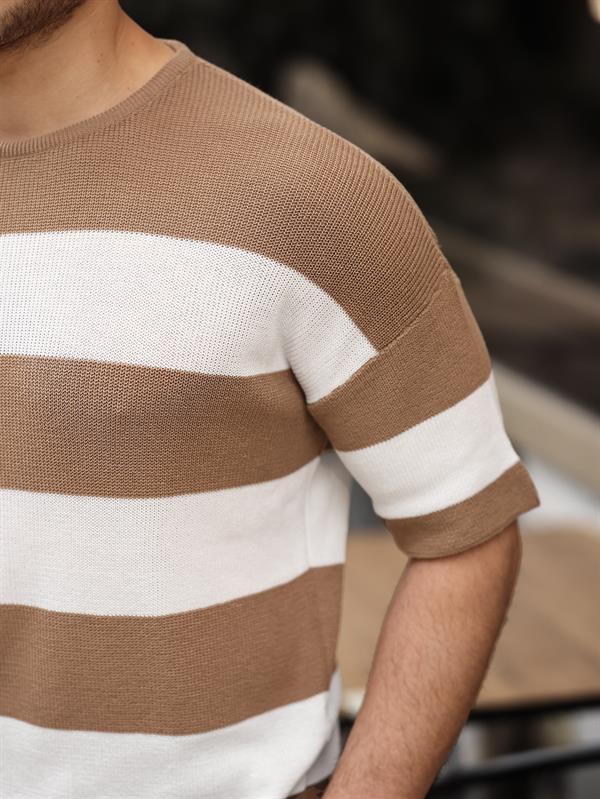 Oversize Çizgili Basic Triko T-Shirt - Justyol