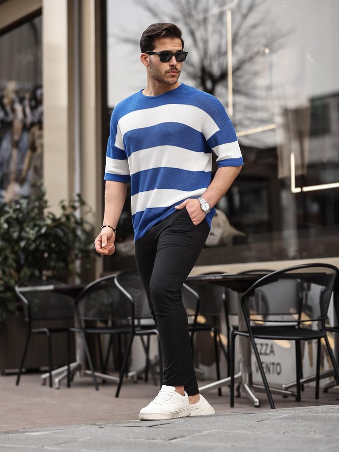 Oversize Çizgili Basic Triko T-Shirt - Justyol