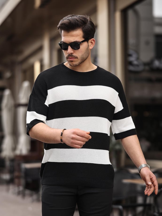 Oversize Çizgili Basic Triko T-Shirt