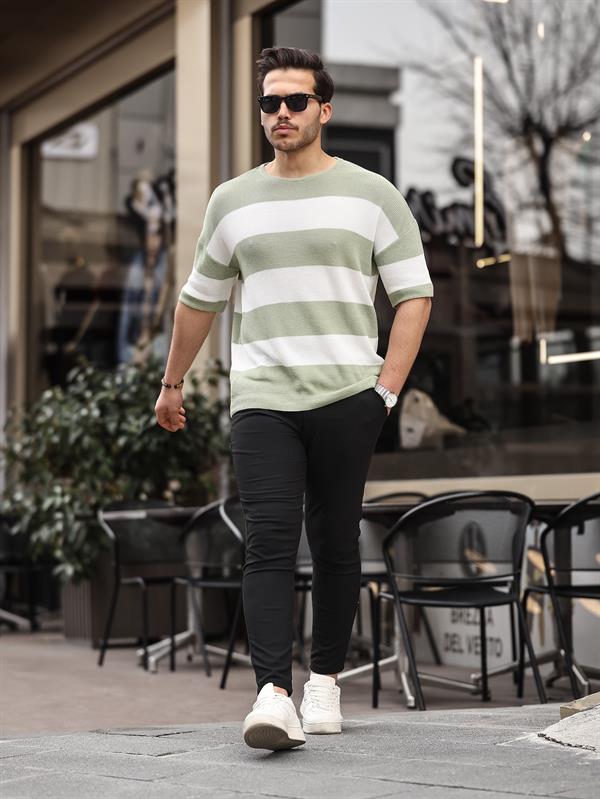 Oversize Çizgili Basic Triko T-Shirt - Justyol