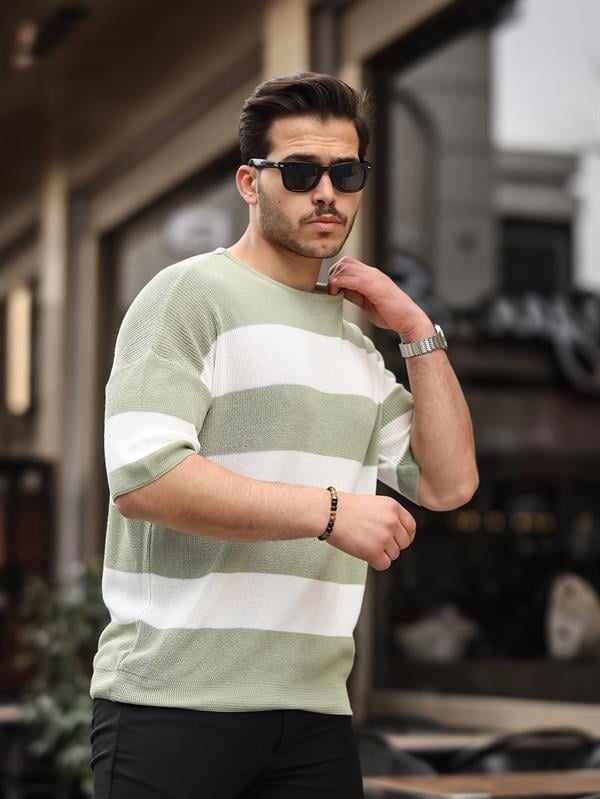 Oversize Çizgili Basic Triko T-Shirt - Justyol