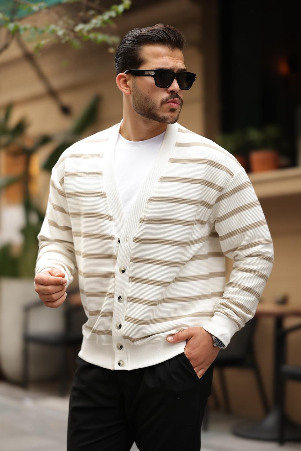 oversize çizgili düğmeli erkek hirka - Justyol