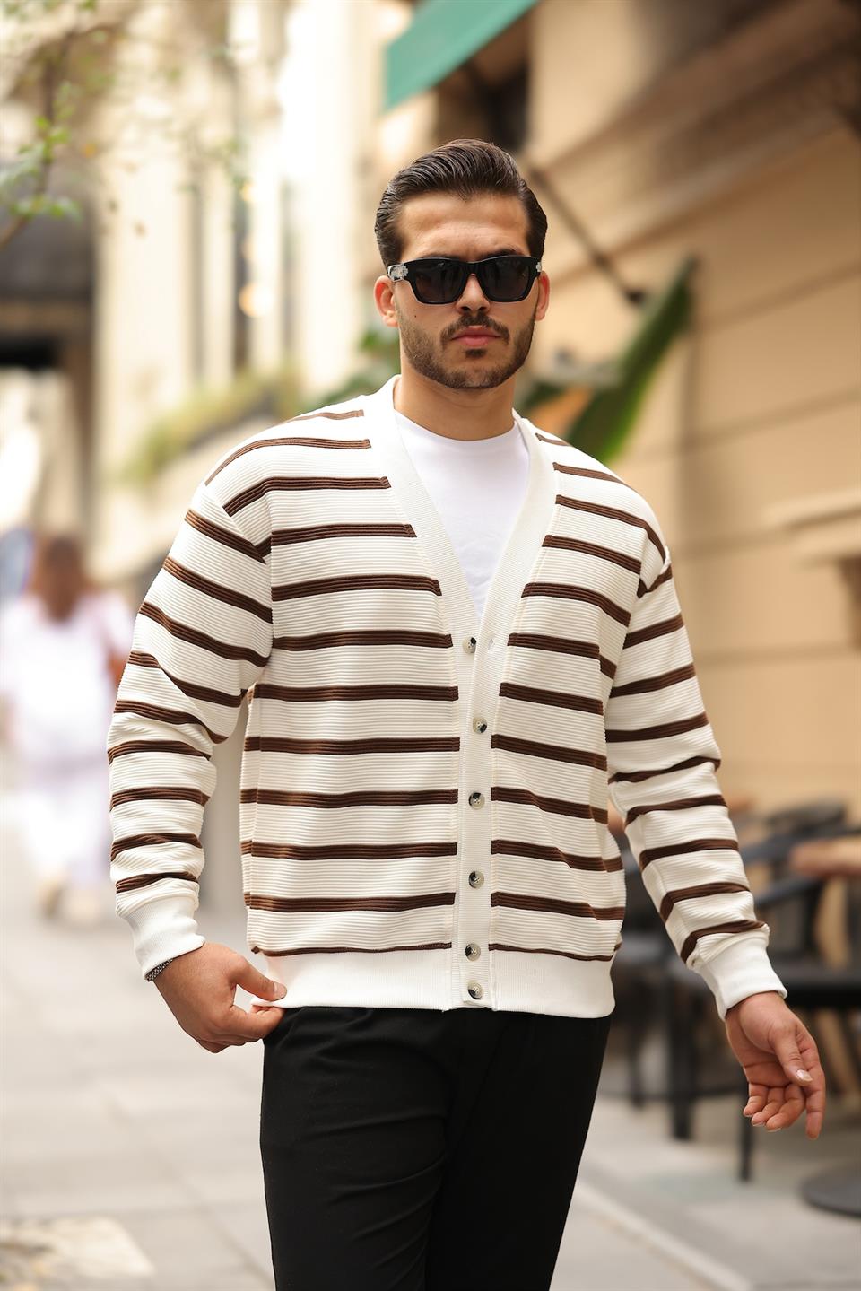 oversize çizgili düğmeli erkek hirka - Justyol