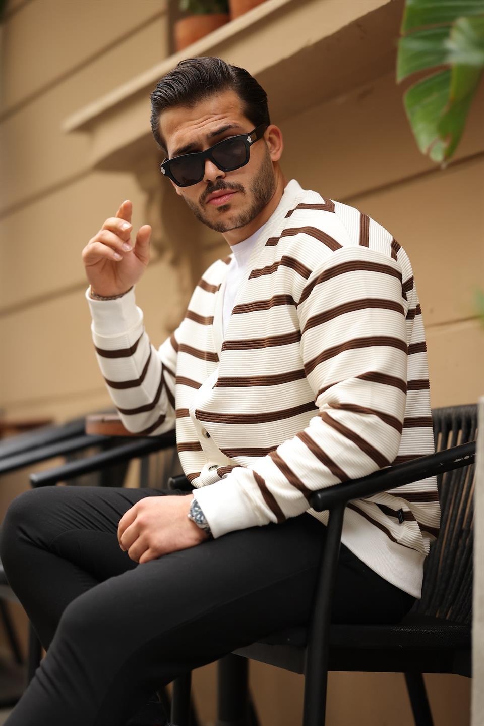 oversize çizgili düğmeli erkek hirka - Justyol