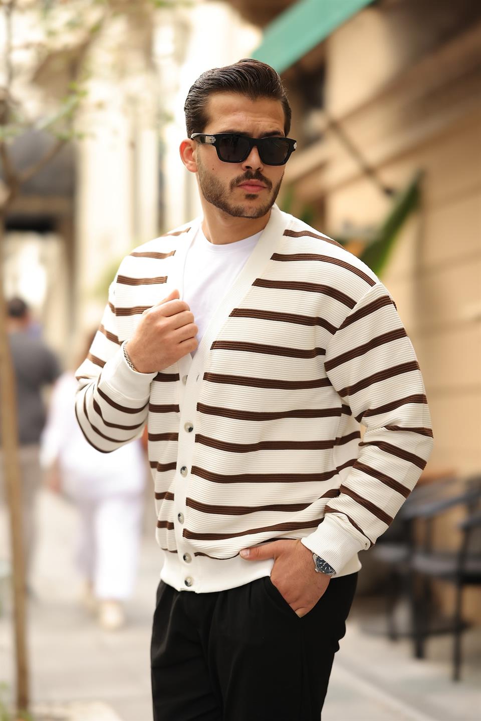 oversize çizgili düğmeli erkek hirka - Justyol