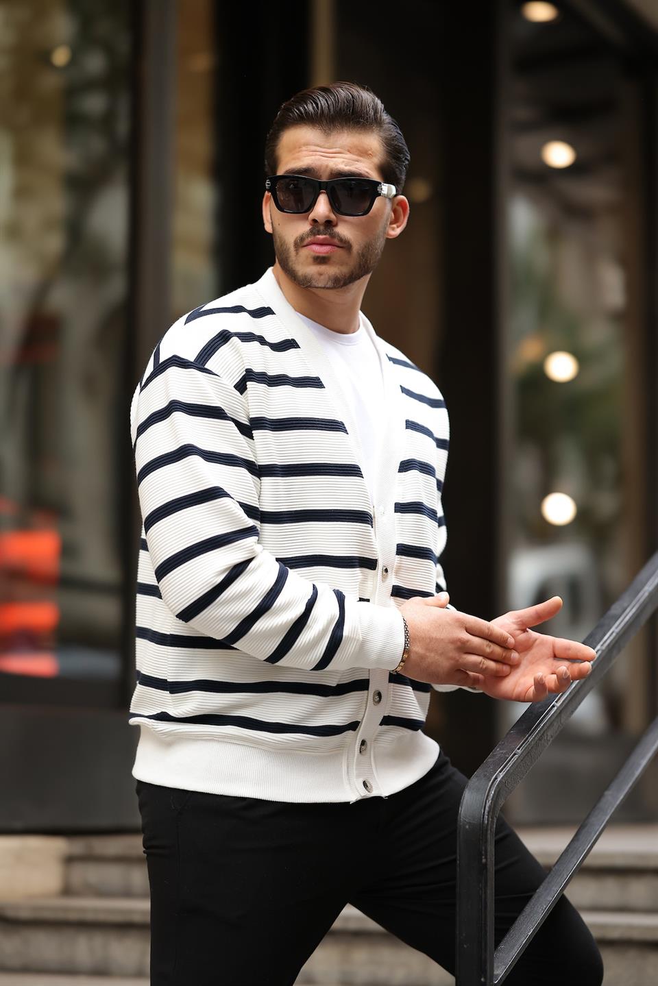 oversize çizgili düğmeli erkek hirka - Justyol