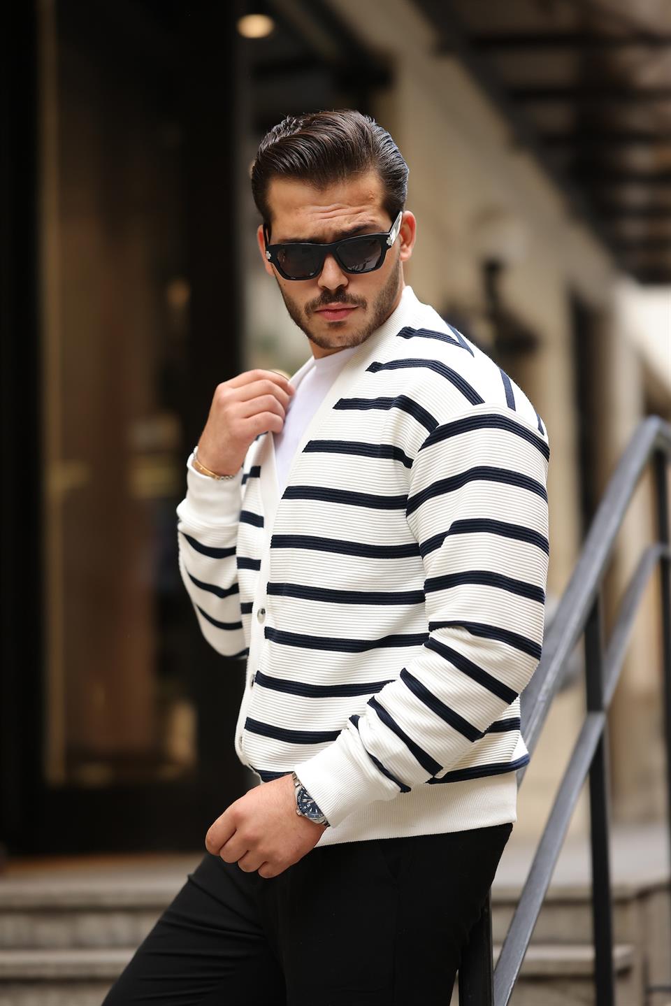 oversize çizgili düğmeli erkek hirka - Justyol