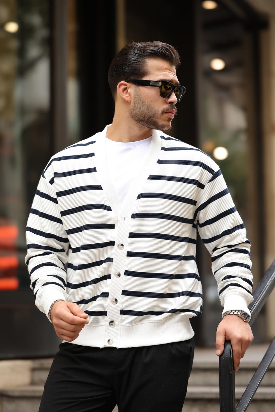 oversize çizgili düğmeli erkek hirka - Justyol