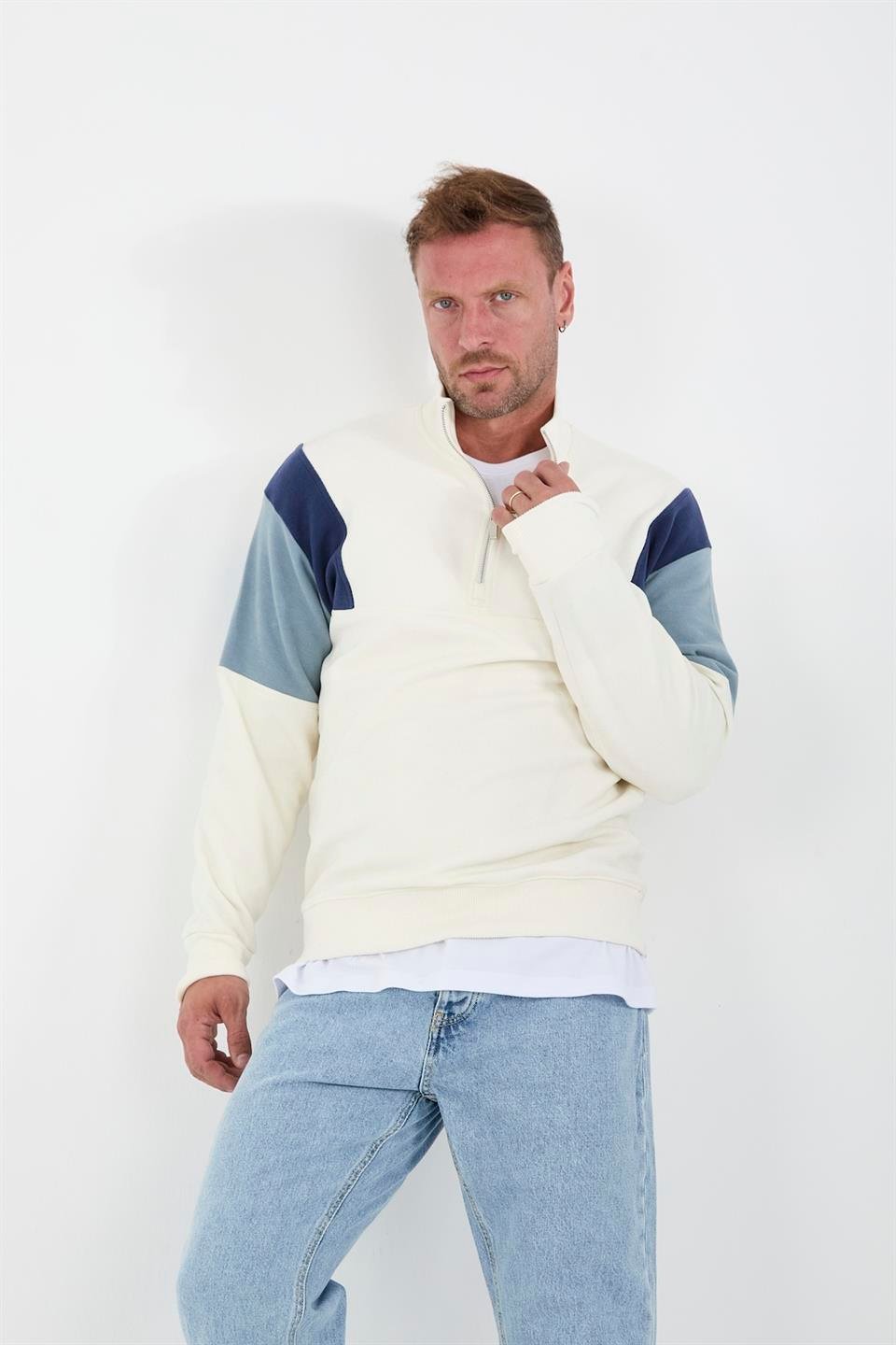 oversize erkek kollari garnili selanik örme erkek sweatshirt - Justyol