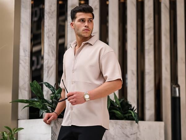 oversize rahat fitilli kisa kol erkek gömlek - Justyol