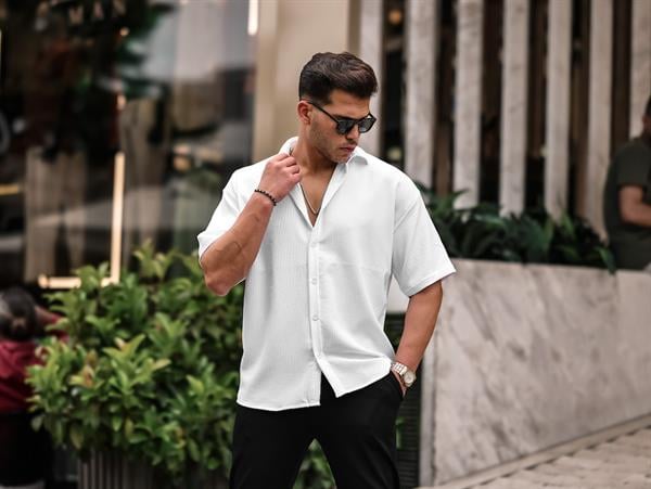 oversize rahat fitilli kisa kol erkek gömlek - Justyol