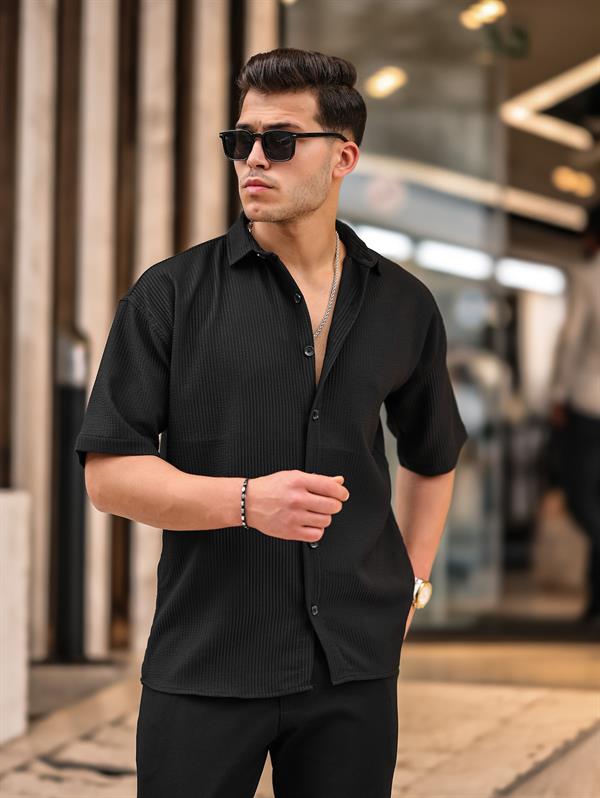 oversize rahat fitilli kisa kol erkek gömlek - Justyol