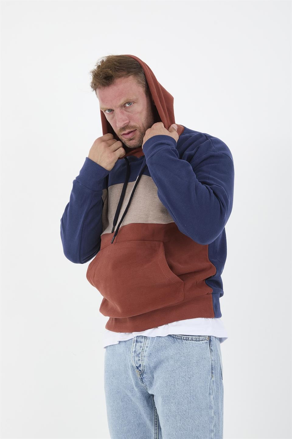 oversize kapüşonlu 3 renk blok selanik örme erkek sweatshirt