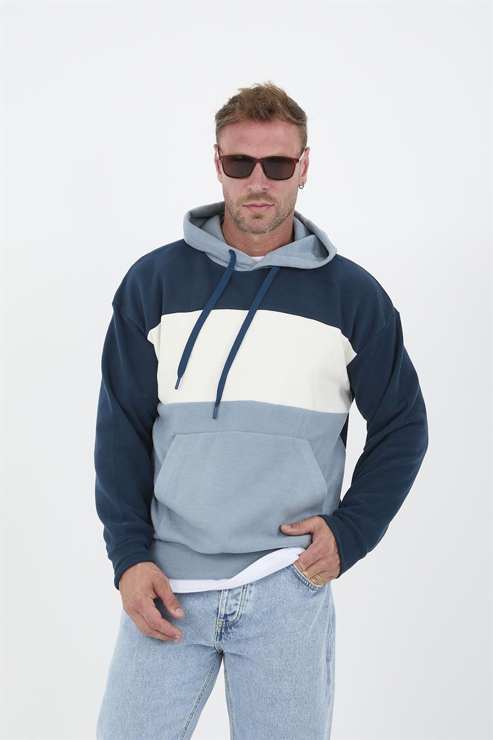 oversize kapüşonlu 3 renk blok selanik örme erkek sweatshirt - Justyol
