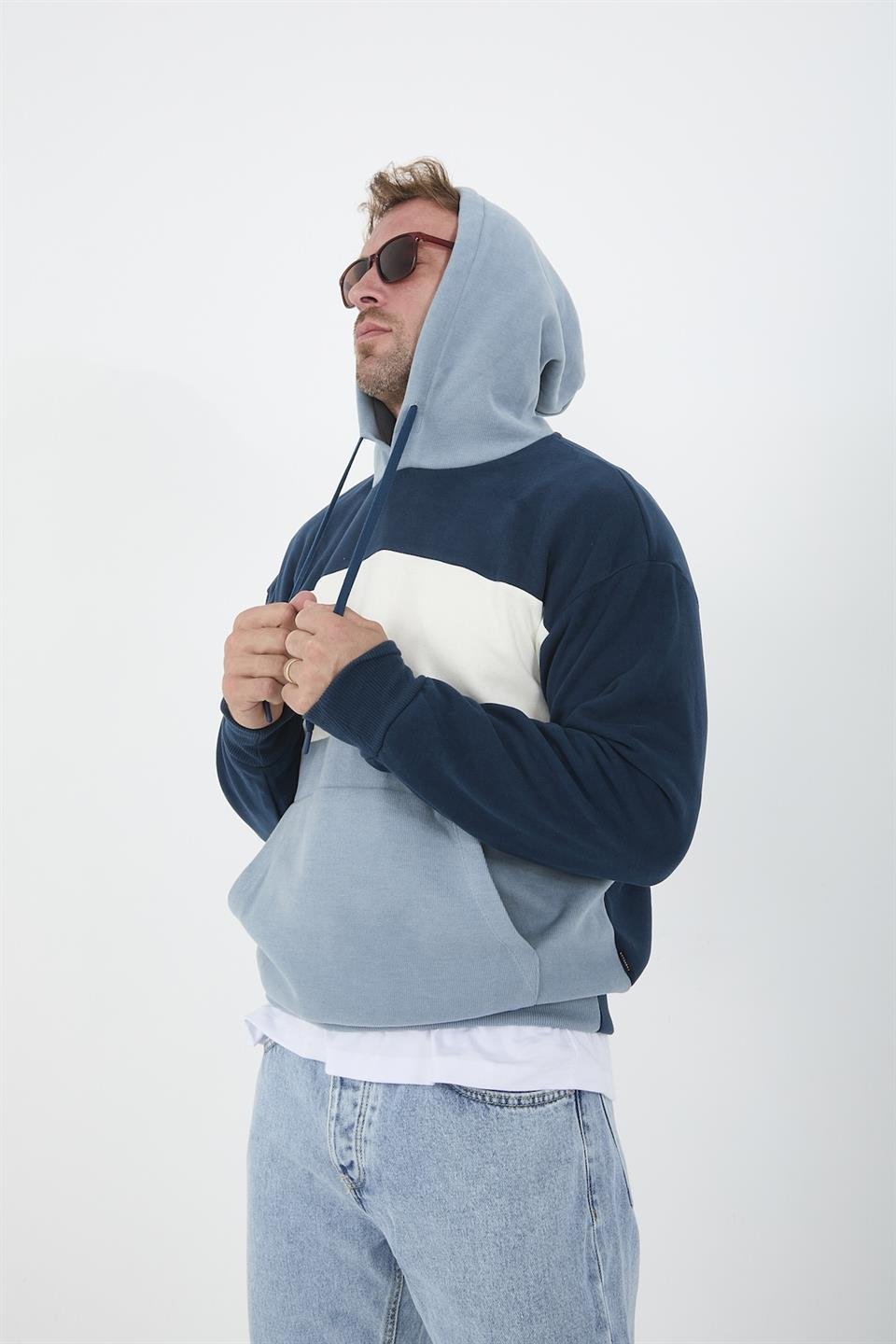 oversize kapüşonlu 3 renk blok selanik örme erkek sweatshirt - Justyol