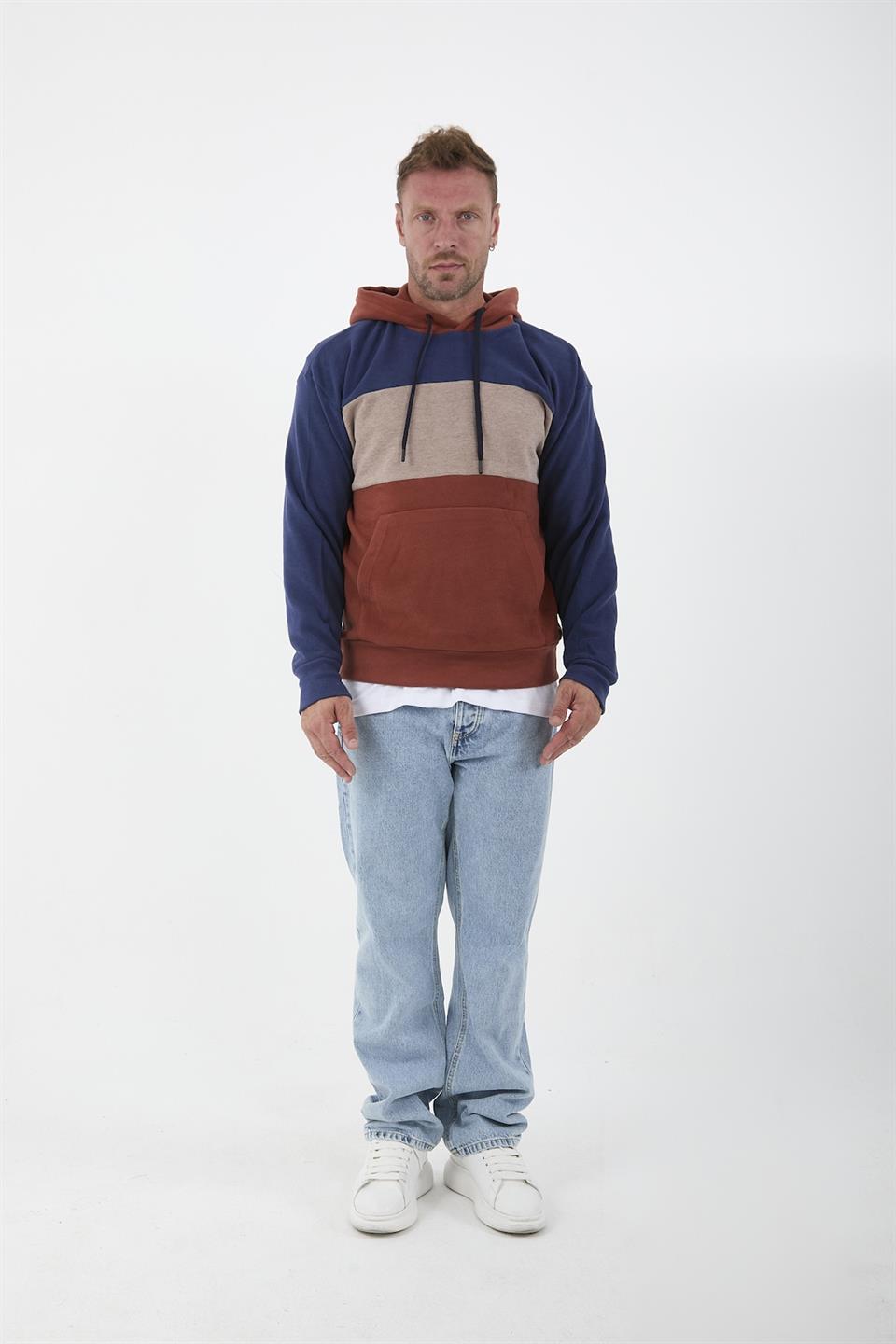 <tc>Sweatshirt pour homme en tricot de type selanik, oversize, à capuche et en trois couleurs avec blocs de couleur.</tc>