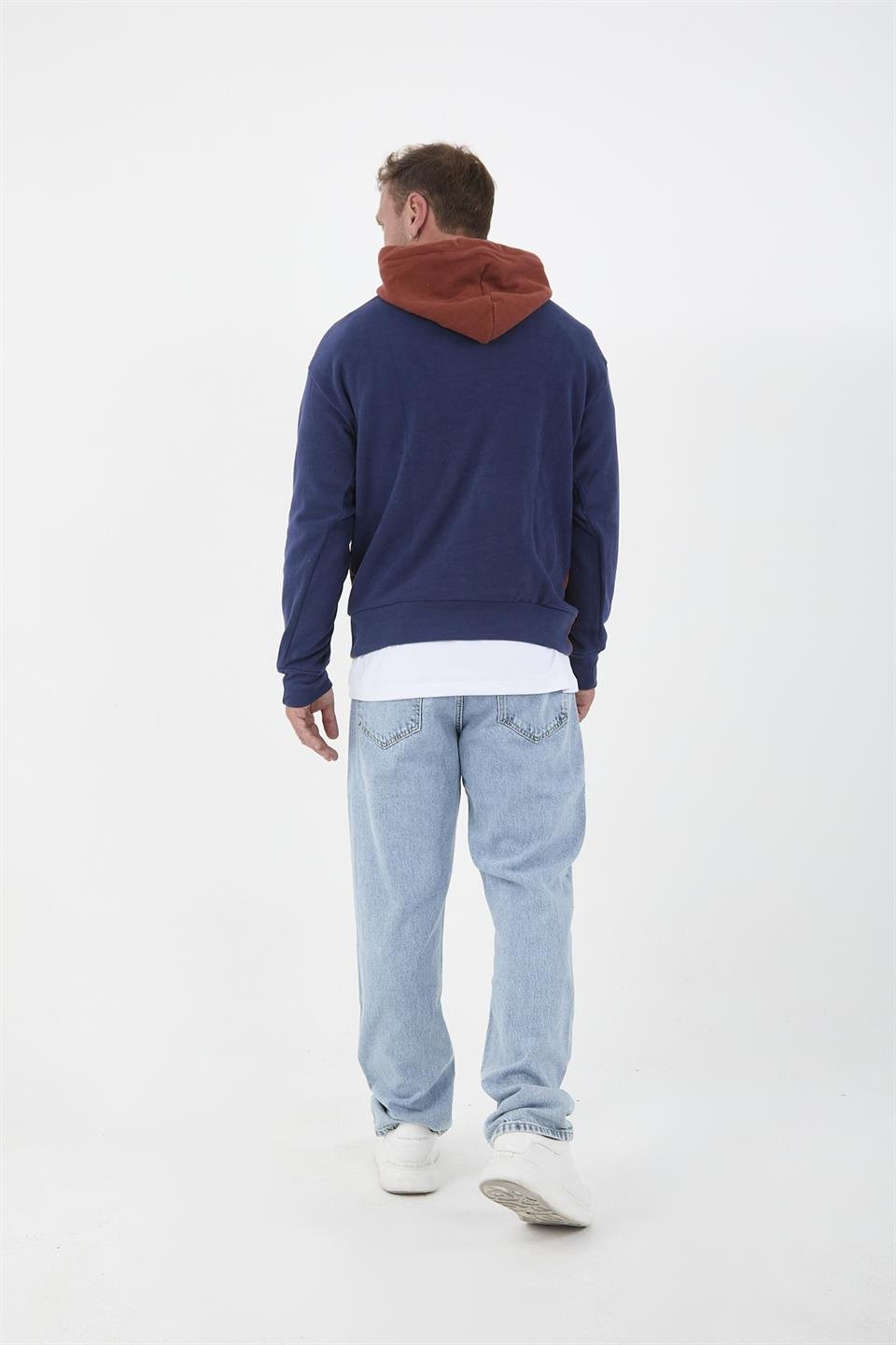 oversize kapüşonlu 3 renk blok selanik örme erkek sweatshirt - Justyol