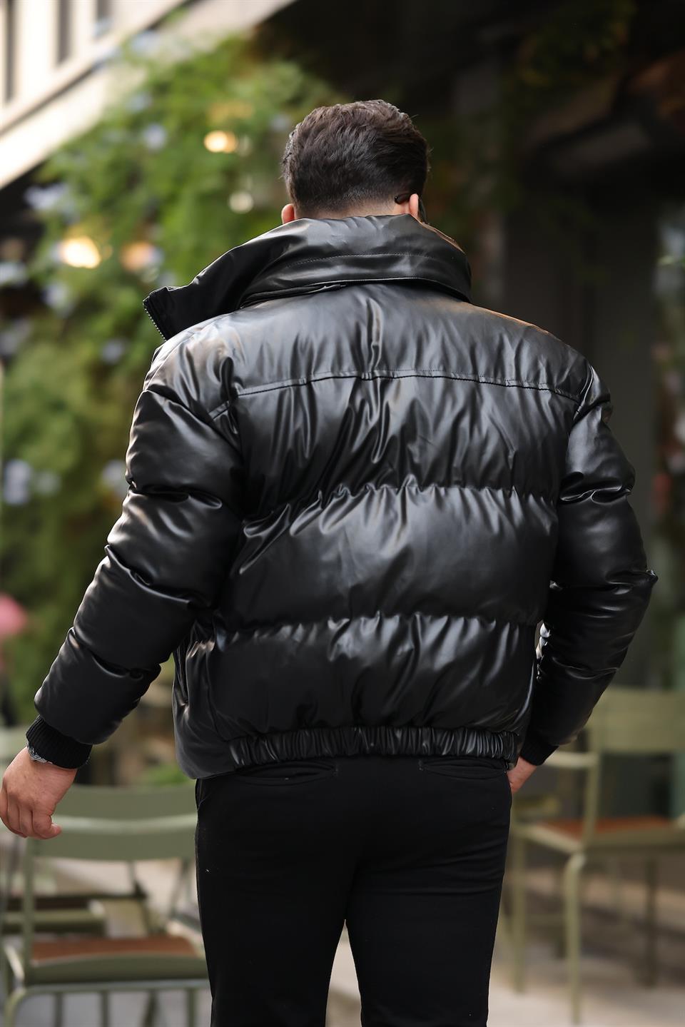 oversize kapüşonu çikarilabilir şişme deri mont - Justyol